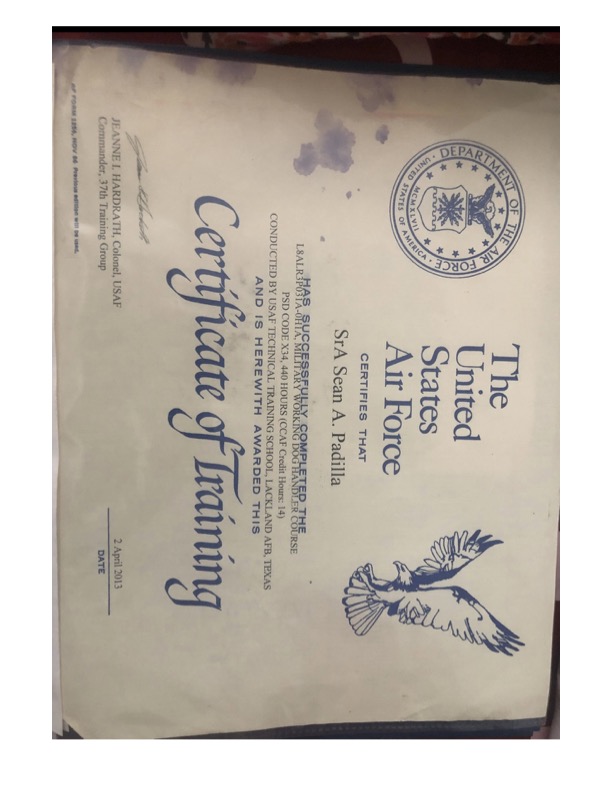 Military Working Dog Handler certificate for Sean Padilla
